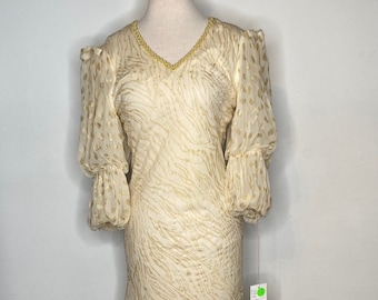 1980s Leg of Mutton Sleeve Creme and Gold Gown