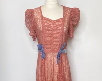 1940s Vintage Dusty Pink Lace Gown with Blue Velvet Bow Sash, Puff Sleeves