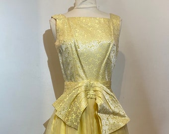 1950s Yellow Brocade Fit and Flare Dress with Bow Sash