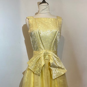 1950s Yellow Brocade Fit and Flare Dress with Bow Sash