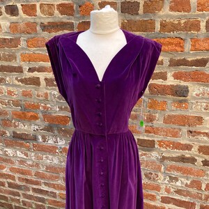 1940s-50s Purple Velvet A-Line Dress with Bat Wing Sleeves, Button Down