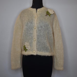 Vintage Wool Floral Embroidered Cream Chunky Hand Knit Cardigan