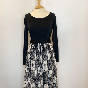 1960s Miss Elliette Long Sleeve Black& White Floral Maxi Dress with Belt