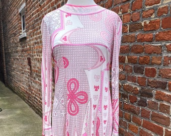 Emilio Pucci Vintage Late 1960s- 70s Pink Silk Long Sleeve Dress,  Art Nouveau  Psychedelic Print