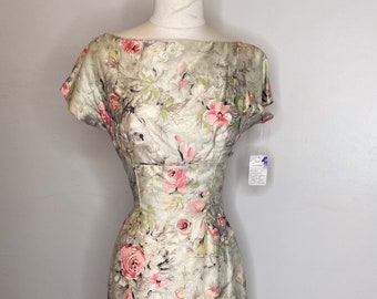 1940s-50s Raw Silk Green Floral Dress