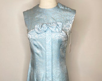 1950s Pale Blue Brocade Sleeveless Dress with Bow