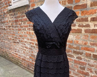 1950s D’Allaird Lace and Satin Little Black Dress with Bow