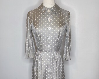 1950s Anne Fogarty Silk Grey Polka Dot Dress