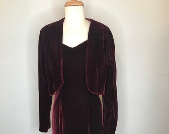 1940s burgundy velvet dress with bolero shrug