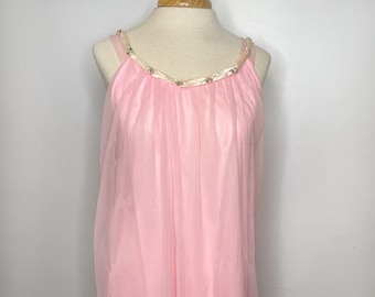 1950s Vintage Pink Babydoll Nightgown Dress with Rosettes on Collar, 2 Layers
