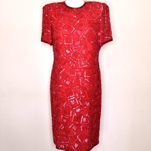 Vintage Beaded Sequin Square Red and Pink Short - Sleeve Silk Evening Dress