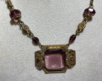 1910-20s Art Deco Czech Glass Brass Link Pendant Necklace Choker