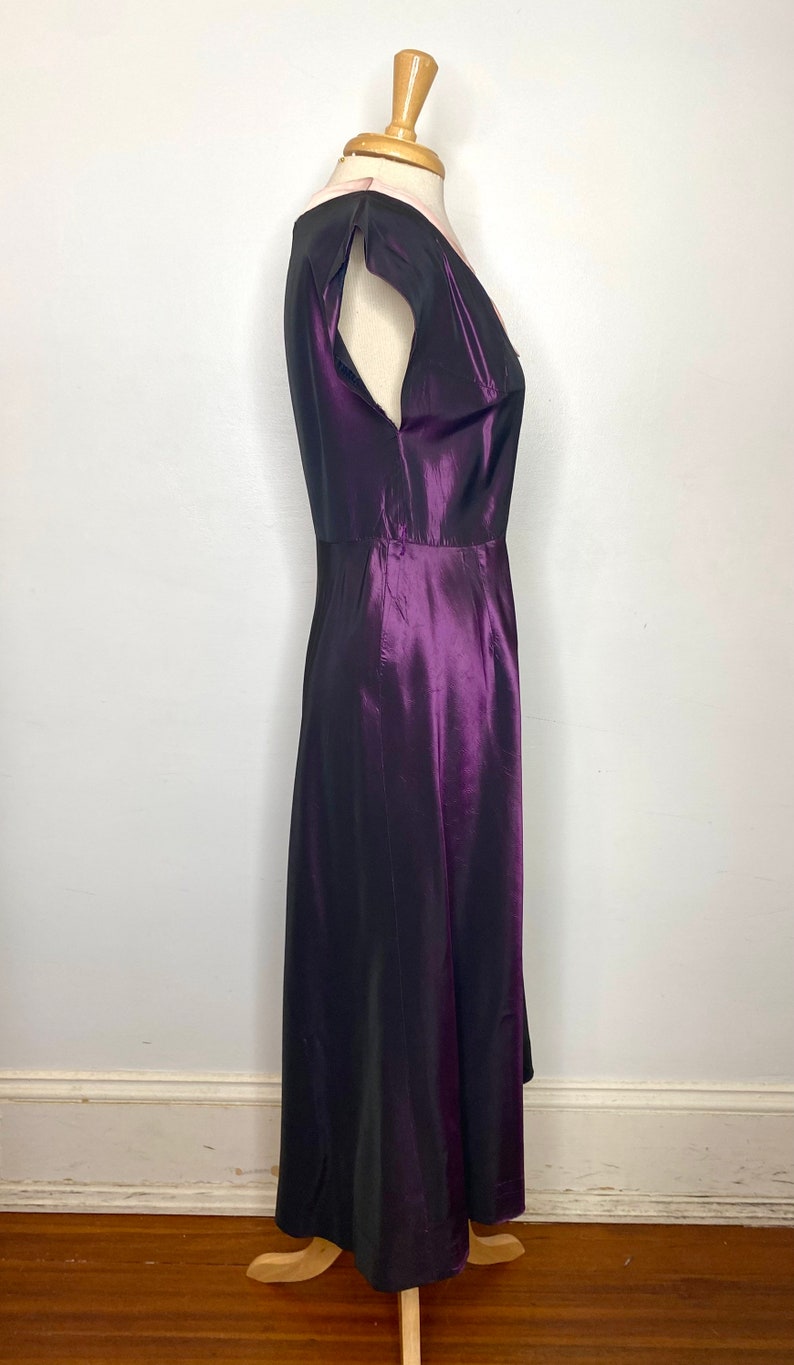 1950s Vintage Metallic Purple Taffeta Fit and Flare Dress with Pink Satin Ribbon, Full Skirt image 5