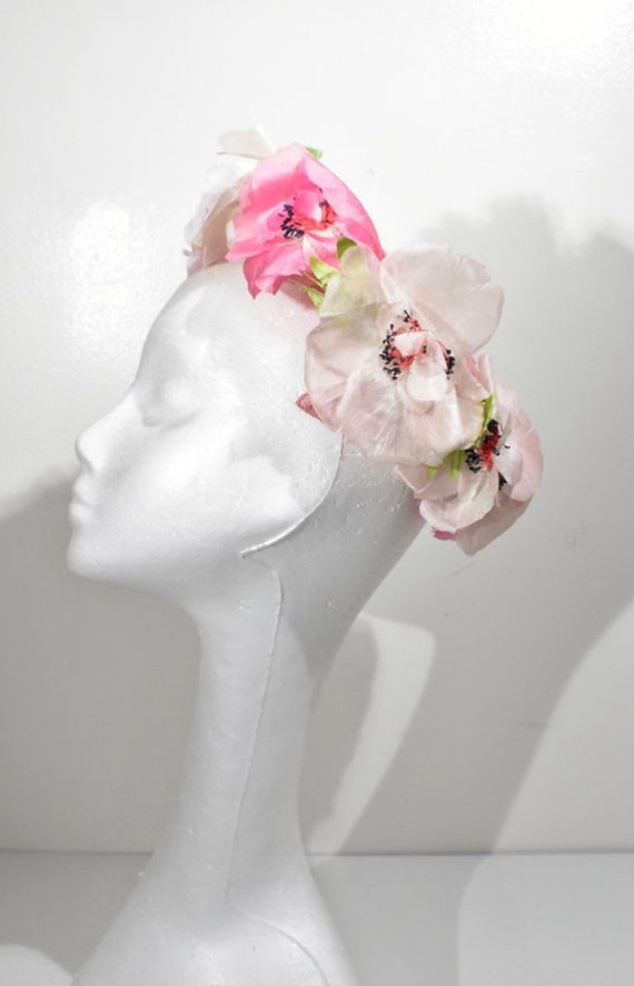 1950s Blush Pink Floral Circle Straw Hat with Gree