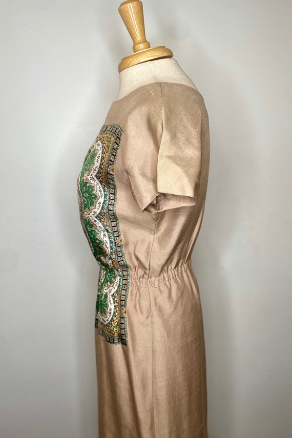 Early 1960s Vintage Tan Raw Silk Dress with Multi… - image 5