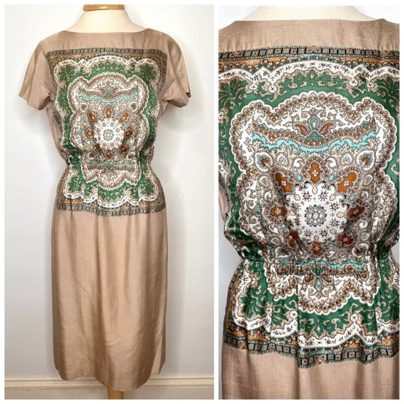 Early 1960s Vintage Tan Raw Silk Dress with Multi… - image 1