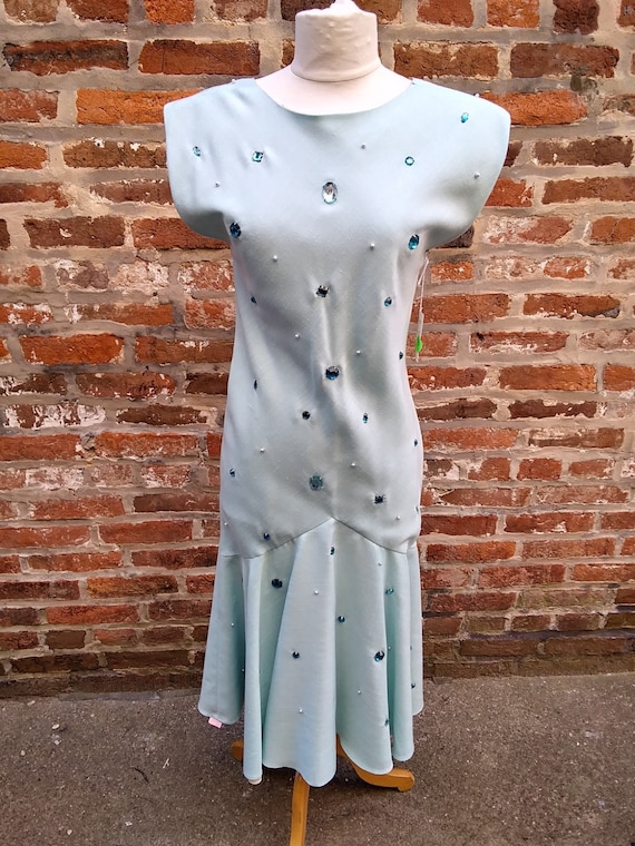 1950s-1960s Light Blue Linen Dress with Crystals - image 1