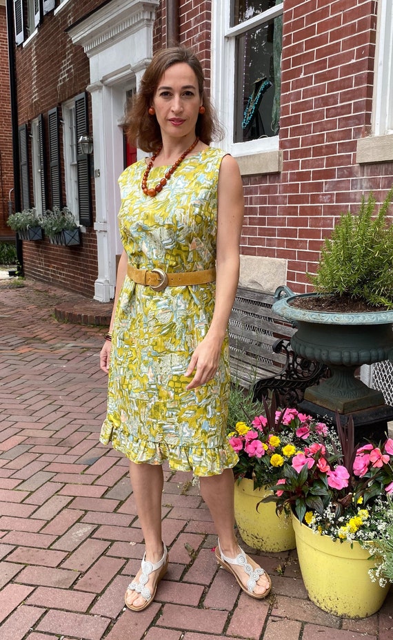 1960s Green & Yellow Abstract Mod Shift Dress Ligh