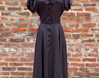 1950s-60s Vintage Black Taffeta Rockabilly Dress with Pink Dots and Pockets M