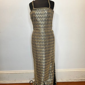Mary McFadden gold thread black brocade gown.