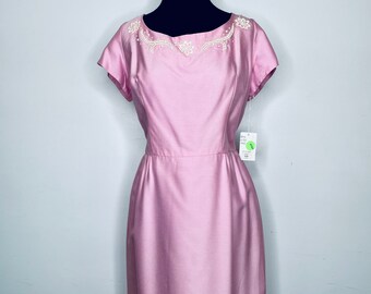 1960s Pink Linen Dress with White Embellishments