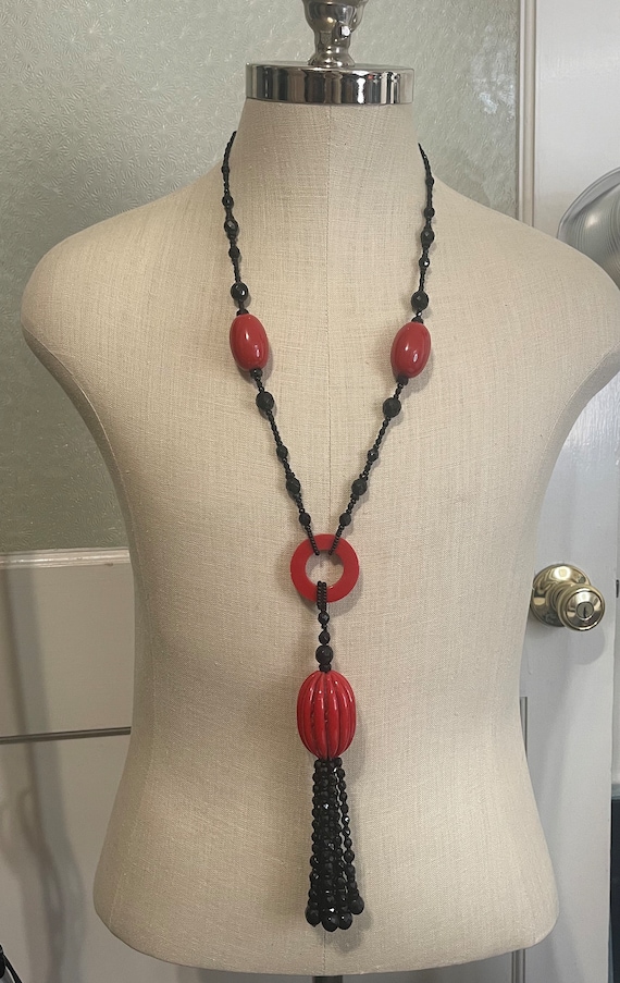 Vintage Black Red Bead Tassel Necklace