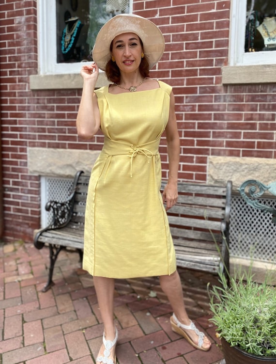 Vintage 1980s Mary Lane London Yellow Dress with … - image 1