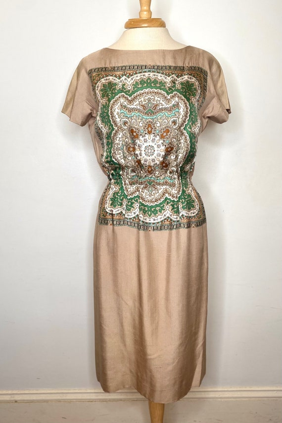 Early 1960s Vintage Tan Raw Silk Dress with Multi… - image 2