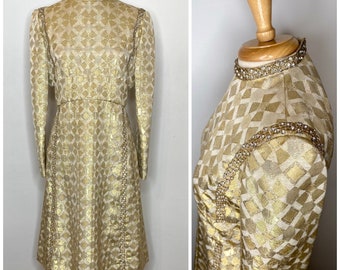 1960s Vintage Elinor Simmons for Malcolm Starr Dress with Gold Tone Metallic Sparkly Pattern