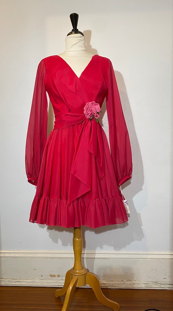 1950s-60s Fuchsia Long Sleeve Taffeta Dress with F