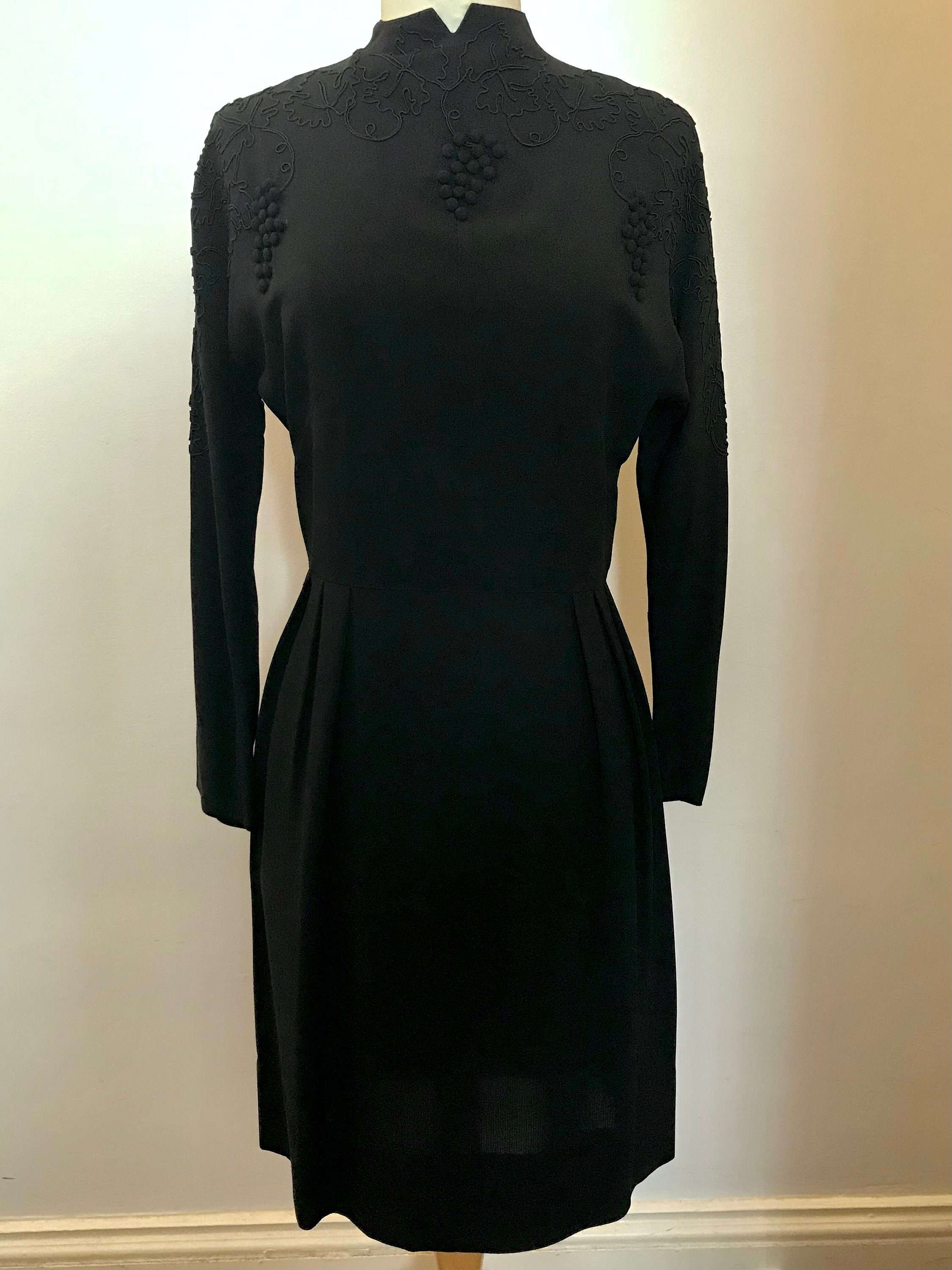 1980s Helen of California Black crepe embossed dress 1980s Helen of California Black crepe embossed dress