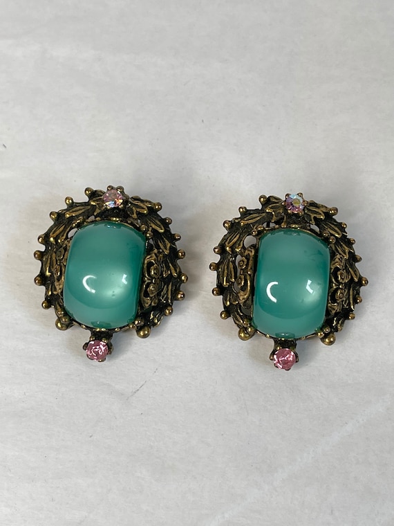 Boutons De Manchette Vintage - Ton Or Avec Cabochons Vert Et Rouge - Style Mesh