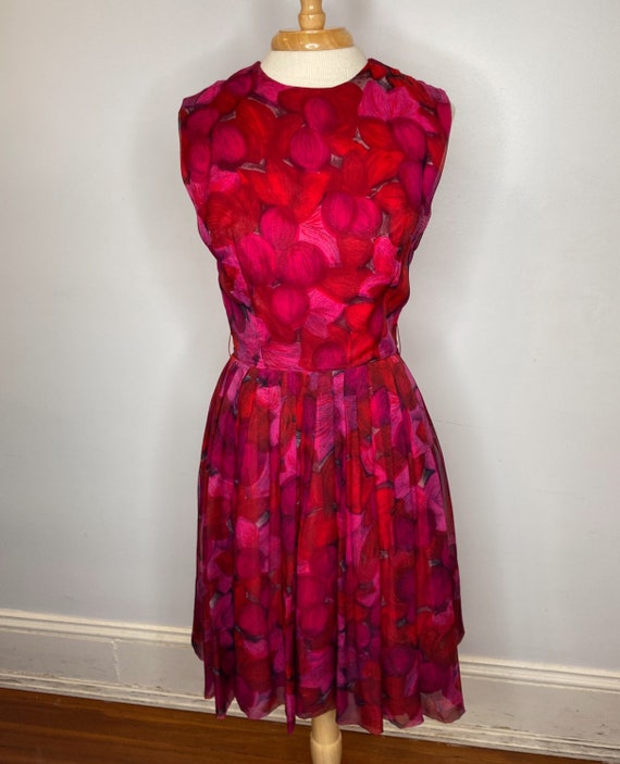 1960s Vintage Red Floral Chiffon & Silk Dress w/ B