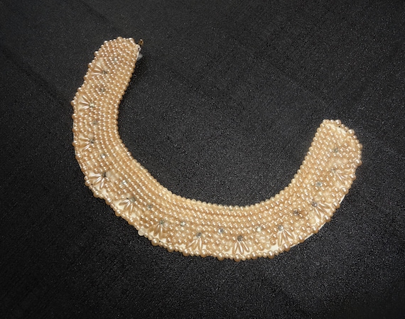 1950's Faux Pearl Collar w/Crystals, Satin Backing - image 3