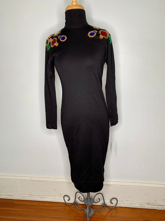 Kenar 2 1980s Black Wool Jeweled Sweater Dress