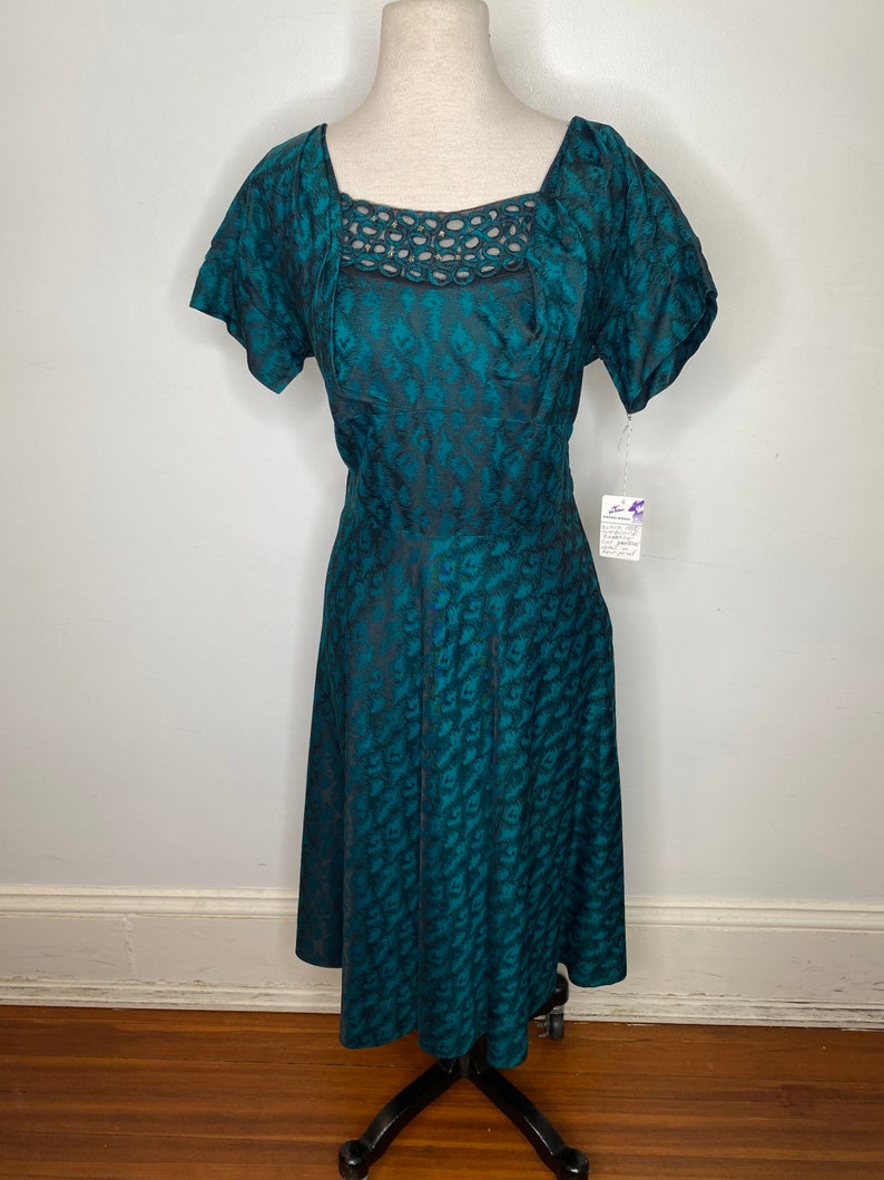 1950s Black and Turquoise Brocade Dress image 2