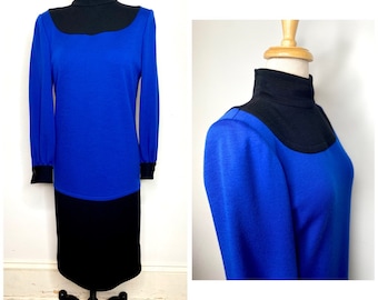 1980s Vintage Givenchy Nouvelle Boutique Blue and Black Wool Turtleneck Coat Dress