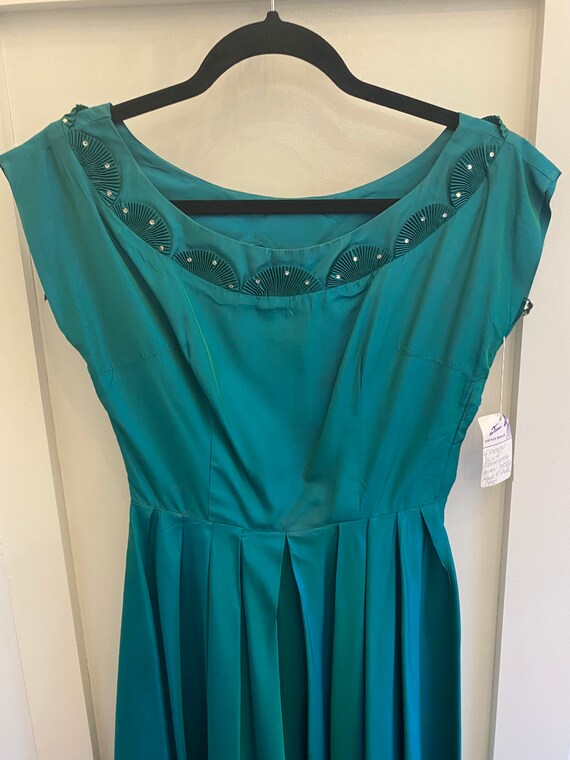 1950s Teal Taffeta Dress with Fan Design, Pleated Skirt
