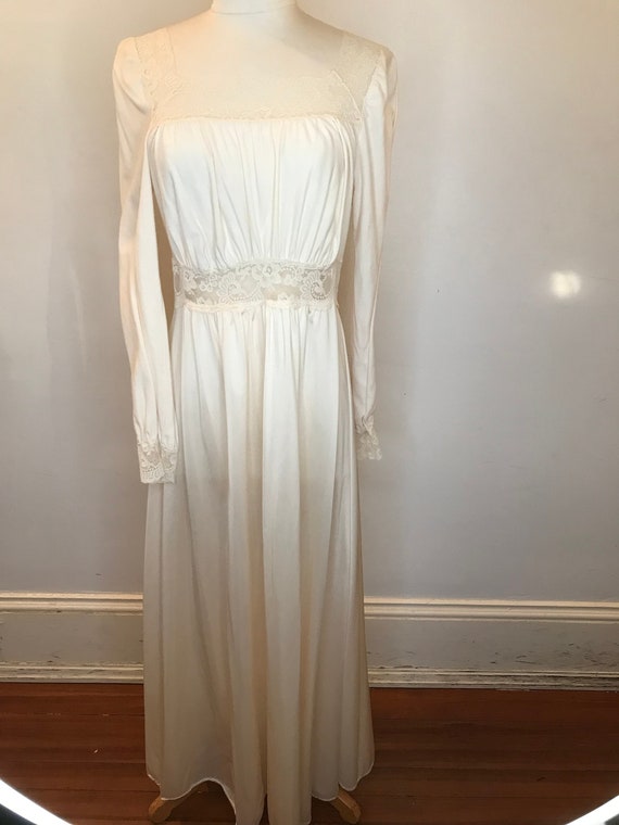 1950s-1960s white Olga square neck gown