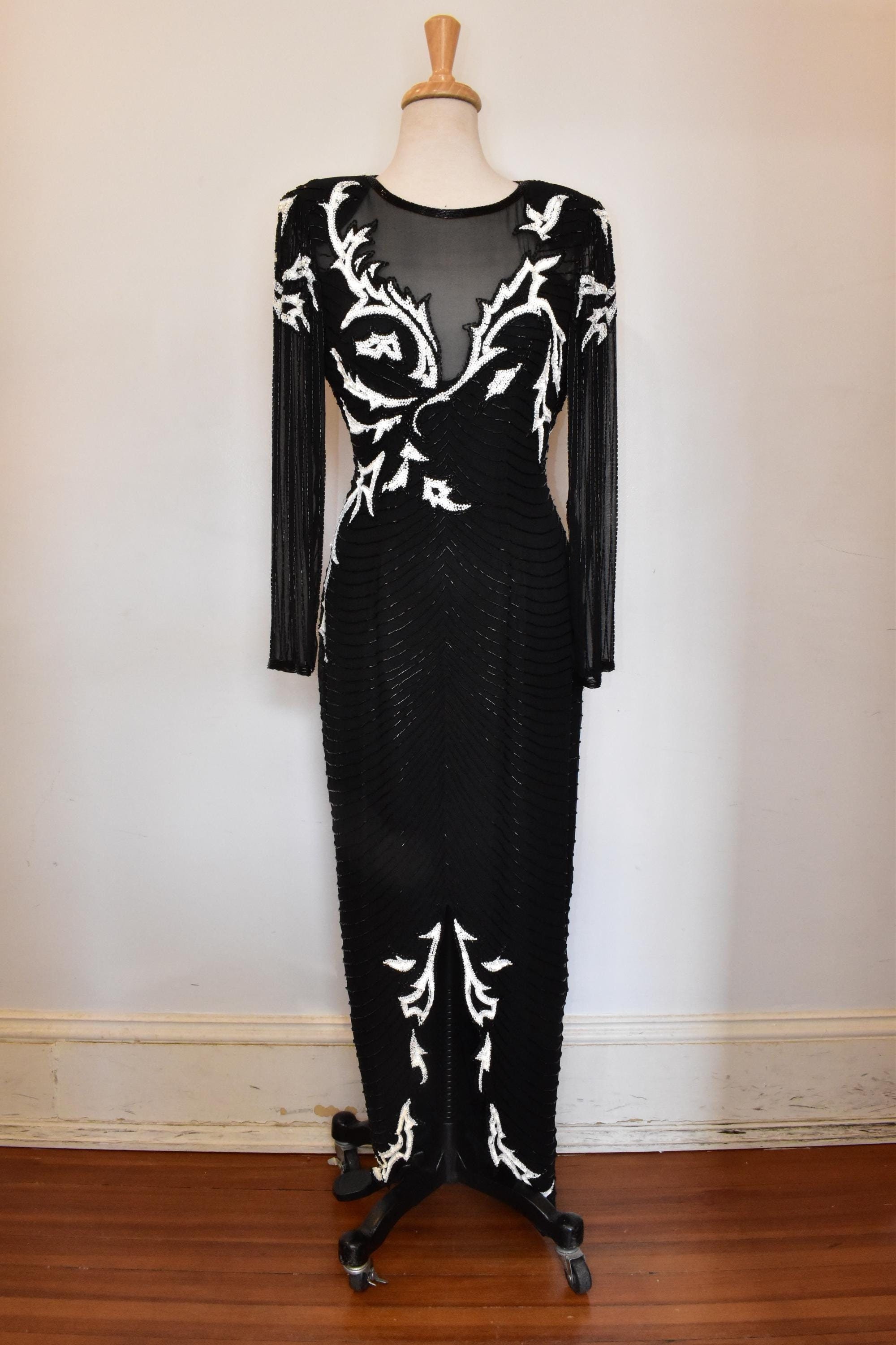 Vintage Black and White Beaded V Neck Low Back Long Sleeve Gown - Etsy