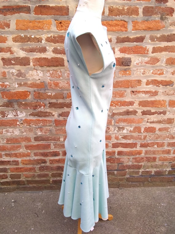 1950s-1960s Light Blue Linen Dress with Crystals - image 4