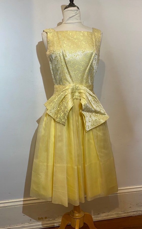 1950s Yellow Brocade Fit and Flare Dress with Bow Sash