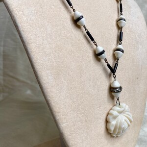 Antique Victorian Black and White Glass Beaded Necklace with Carved Rose Pendant image 4