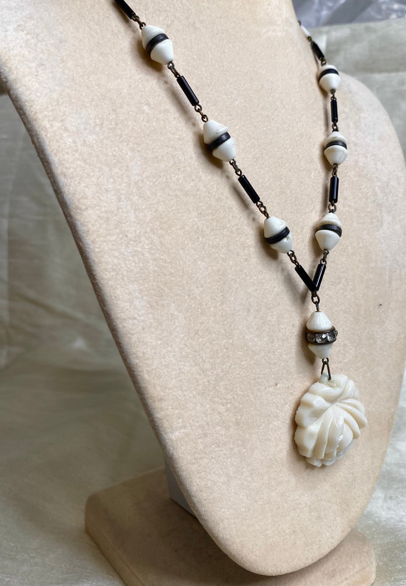 Antique Victorian Black and White Glass Beaded Necklace with Carved Rose Pendant image 4