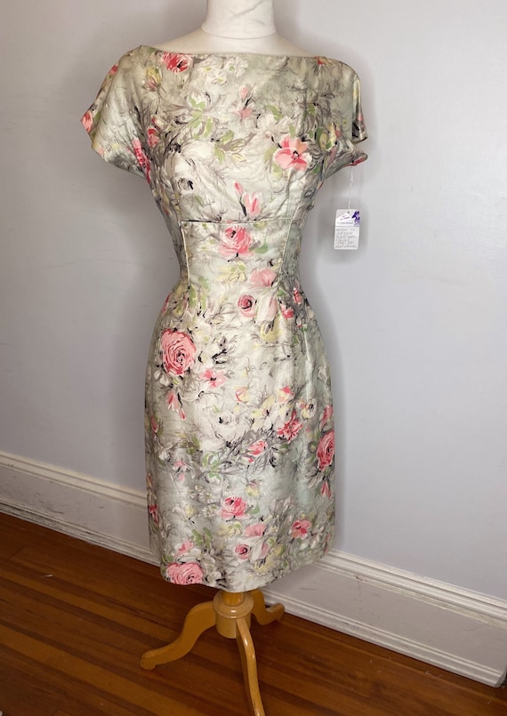 1940s-50s Raw Silk Green Floral Dress