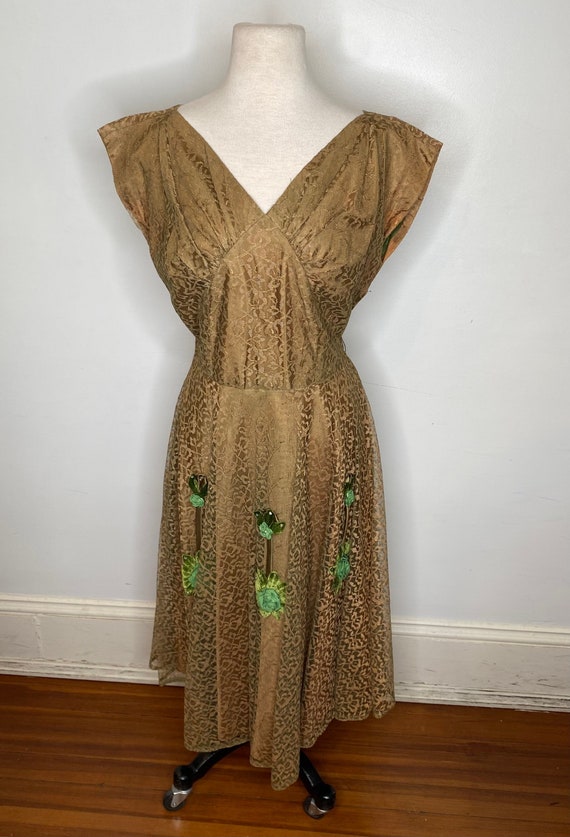 1950s Olive Lace Dress with Flower Details