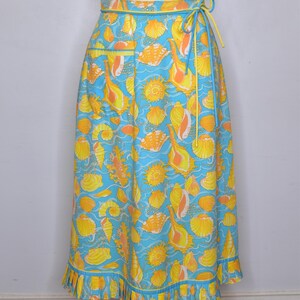 70s The Lilly Lilly Pulitzer Conch Shell Blue and Orange Skirt with Tie Belt, Pocket, and Kick Pleat