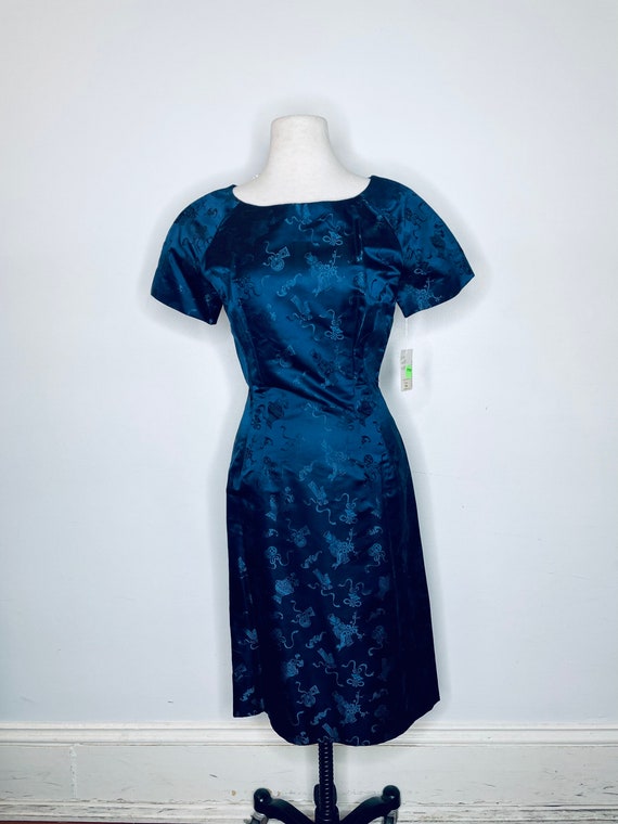 1950s Navy Blue Brocade Sheath Dress