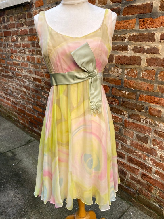 1950s Malcolm Starr Pastel Water Color Bow Dress & Scarf Set
