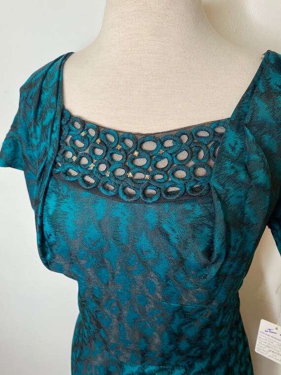 1950s Black and Turquoise Brocade Dress - image 3